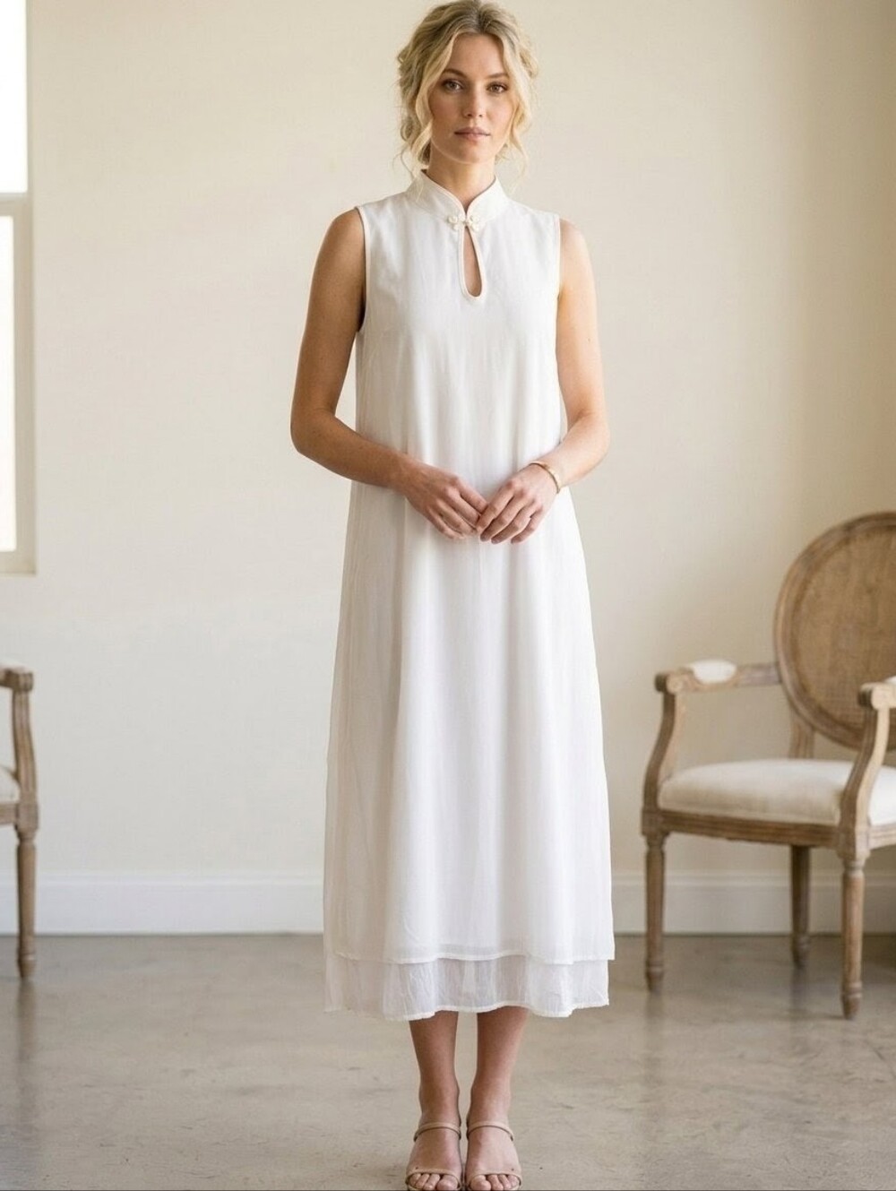 White Sleeveless Mandarin Collar Silk Blend Dress NWOT
